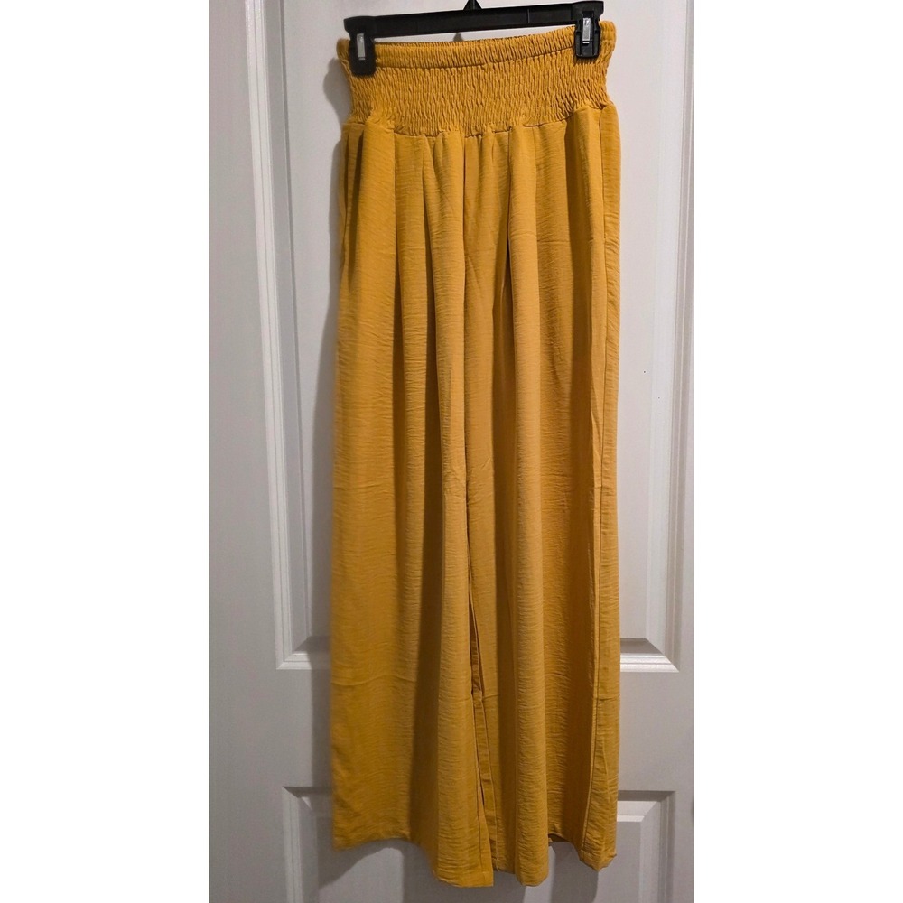 Women's sz S Mustard Yellow Wide Leg Smocked‎ High Waist Pleated Trousers Pants
